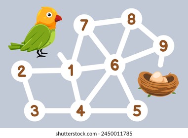 Number maze for children help bird move to the nest printable pet worksheet