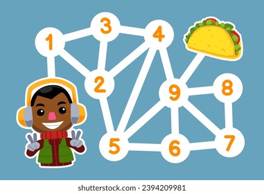 Number maze for children help the boy get the taco printable food worksheet