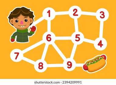 Zahlenlabyrinth für Kinder hilft dem Jungen, das Esszellenblatt für den Hot Dog zu erhalten