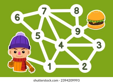 Number maze for children help the boy get the burger printable food worksheet