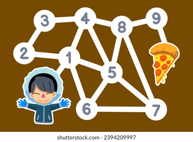 Number maze for children help the boy get the pizza printable food worksheet