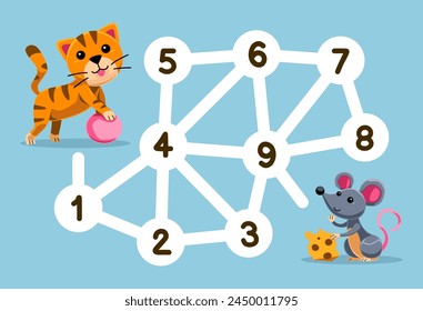 Number maze for children help cat move to the mouse printable pet worksheet