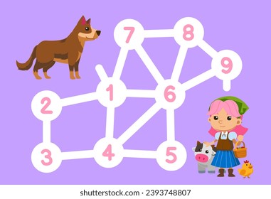Zahlenlabyrinth für Kinder, die Hunde beim Umzug in das von der Bauernmädchen druckbare Arbeitsblatt unterstützen