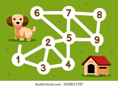 Number maze for children help dog move to the kennel printable pet worksheet