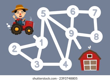 Zahlenfutter für Kinder hilft Landwirten mit Traktor beim Umzug in das ausgedruckte Arbeitsblatt