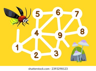 Number maze for children help firefly move to stone and mushroom printable bug worksheet