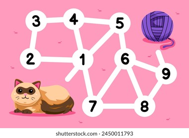 Number maze for children help fluffy cat move to the yarn ball printable pet worksheet