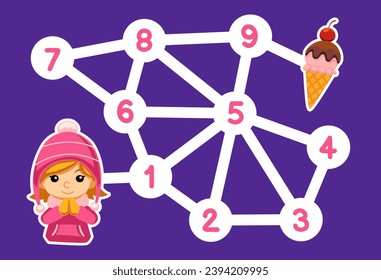 Number maze for children help the girl get the ice cream printable food worksheet