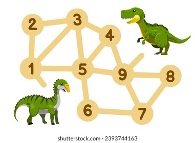 Number maze for children help green dino move to the other dino printable dinosaur worksheet