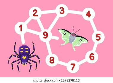 Number maze for children help spider move to moth printable bug worksheet