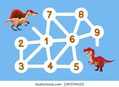 Number maze for children help spinnosaurus move to tyrannosaurus printable dinosaur worksheet