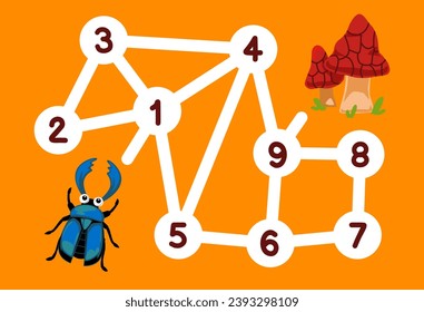 Number maze for children help stag beetle move to mushroom printable bug worksheet