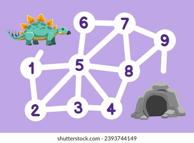 Number maze for children help stegosaurus move to the cave printable dinosaur worksheet