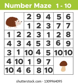 Number maze, math puzzle game for children. Help the hedgehog find a mushroom. Counting from one to ten. Worksheet for preschool and school kids. Vector illustration.