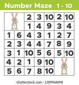 Number maze, math puzzle game for children. Help the rabbit find his friend. Counting from one to ten. Worksheet for preschool and school kids. Vector illustration.