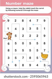 Number maze maths activity worksheet for children