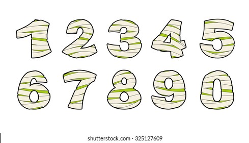 Number of mummy. Typography icon in bandages. Horrible Egyptian elements numeral template zombies alphabet. ABC concept type as logotype.