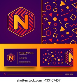 Number N logo element with seamless pattern and business card. Vector design template elements for your application or corporate identity