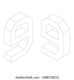 Number nine 3D isometric black and white alphabet number worksheet. coloring page for children education. connect the dots and restore dashed line game. Vector illustration.