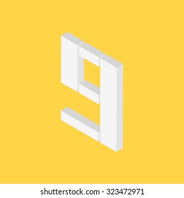 Number Nine with 3D style on yellow background, 9, vector illustration