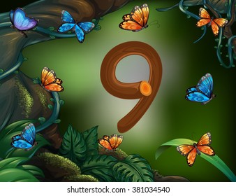 Number nine with 9 butterflies in the garden illustration