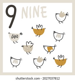 Number nine. 9. Cute hand drawn birds. Vector card for kids with numbers for teaching children to count and learn english words. Learn to count. Exercises for kids. Kids illustration.