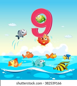 Number nine with 9 fish in the ocean illustration