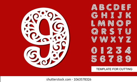 Number Nine - 9. Full English Alphabet And Digits 0, 1, 2, 3, 4, 5, 6, 7, 8, 9. Lace Letters And Numbers. Template For Laser Cutting, Wood Carving, Paper Cut And Printing. Vector Illustration.