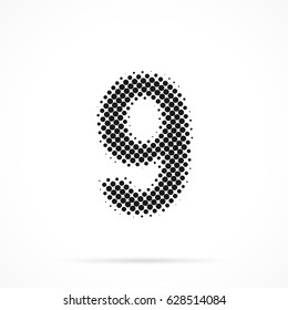 Number Nine, 9 in halftone. Dotted illustration isolated on a white background.
Vector illustration.