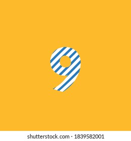 number nine (9) icon in blue and white lines on yellow background, editable vector