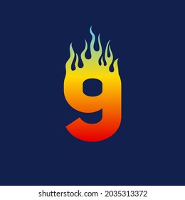 Number Nine 9 icon with fire flames in a vibrant gradient color. Numeric logo burning with fast flame effect.