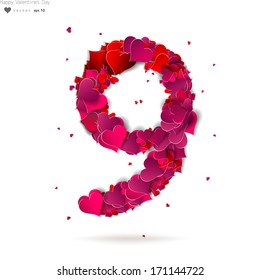 Number nine, 9 made from red hearts Love alphabet