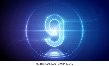 Number Nine (9) Mathematic Symbol Futuristic Hologram Neon Glow Cybernetic Digital Hologram Design Backdrop Background Vector Illustration