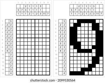 Number Nine 9 Nonogram Pixel Art, Mathematical, Numeral, Numeric, Word, Symbol Vector Art Illustration, Logic Puzzle Game Griddlers, Pic-A-Pix, Picture Paint By Numbers, Picross