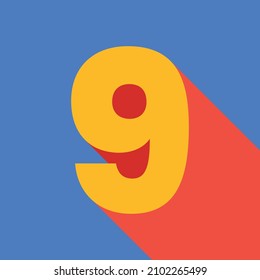 Number nine 9 in primary colors, red, blue and yellow, minimalist design, 3d, pop. Blue background