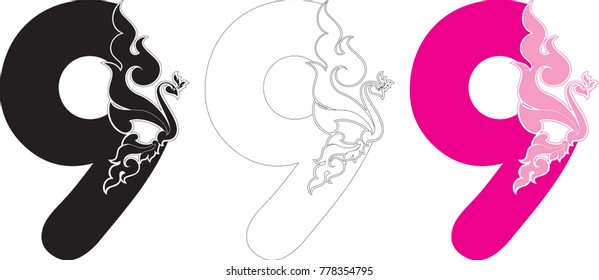 Number Nine (9), Swirl Doodle Tribal Swan Art Number Vector Format, Designed for Artwork