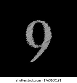 number nine (9) with texture of white thread weave on black background, editable vector