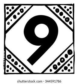 Number nine as abstract woodcut style pattern. Vector design element illustration