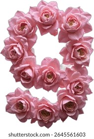 The number nine is artistically depicted using a ring of multiple light pink roses, each with a detailed, slightly darker center, creating a visually appealing floral numeral.