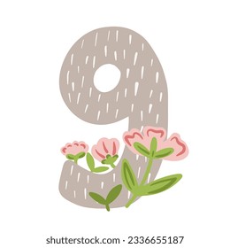 Number nine, baby kids monthly milestone, cute 9 with flowers cartoon illustration.
