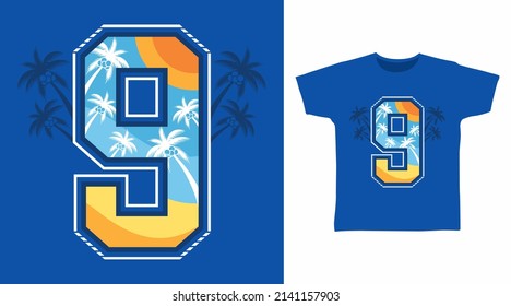 Number nine beach cartoon tshirt concept design