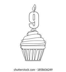 Number nine birthday or holiday celebration cupcake. One line drawing. Vector illustration continuous line drawing. Sketch.