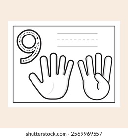 Number Nine. Black and White worksheet designed to help students learn and practice numbers. Activity made with cute and clean graphics ready to trace, color, write and improve finger counting