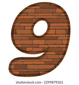 Número Nueve en la ilustración del vector de estilo ladrillo. Número 9 Con Textura De Ladrillo Aislada En Fondo Blanco