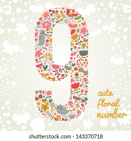 The number Nine. Bright floral element of colorful alphabet made from birds, flowers, petals, hearts and twigs. Summer floral ABC element in vector