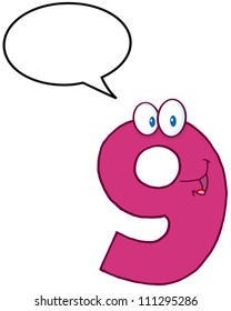 Number Nine Cartoon Mascot Character With Speech Bubble