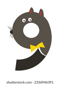Number nine character, isolated cute personage with muzzle wearing tuxedo. Cat in shape of 9, learning mathematics for children and preschoolers. Educational childish font. Vector in flat style