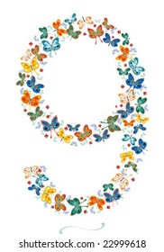 Number nine composed by butterflies and lady-bugs. No gradient fills. Easy to customize. See the whole series.