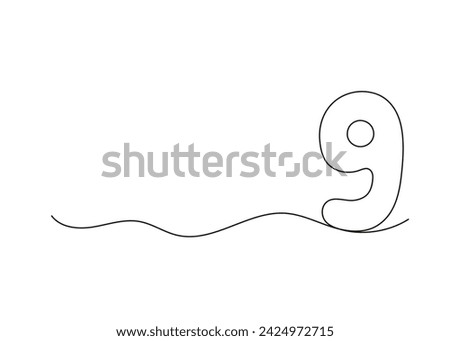 Number nine, continuous one line drawing. Black hand drawn single minimalist line isolated number. Vector line figure background