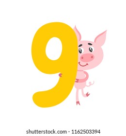 Number nine with cute cartoon pig for kids isolated on white. Learn to count concept illustration and birthday anniversary number used for poster, book, greeting card.